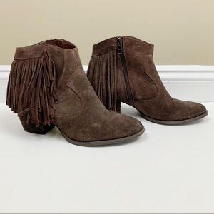 Marc Fisher Sade brown leather fringe booties